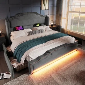 Dubbel gestoffeerd opbergbed – 180 x 200 cm – met LED's + USB-C + 4 lades – fluweel – grijs