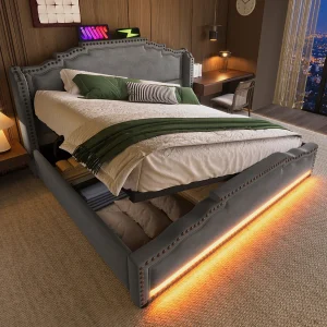 Dubbel gestoffeerd opbergbed – 140 x 200 cm – met LED's + USB-C – fluweel – grijs