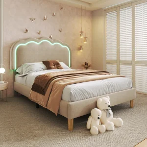 Eenpersoonsbed 90×200 cm met LED, frame met lattenbodem en verstelbaar hoofdeinde, in beige linnen (zonder matras) Eenpersoonsbed 90×200 cm met LED, frame met lattenbodem en verstelbaar hoofdeinde, in beige linnen (zonder matras)