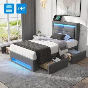 Eenpersoonsbed 90×200 cm met 4 lades – met USB en LED – grijs PU (zonder matras)