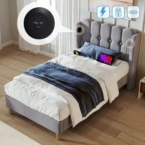 Eenpersoonsbed 90×200 cm in grijs linnen – Bed met USB Type C, lattenbodem (zonder matras)
