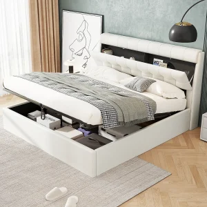 Dubbel opbergbed 140×200 cm in wit PU – hoofdeinde met plank (zonder matras) Dubbel opbergbed 140×200 cm in wit PU – hoofdeinde met plank (zonder matras)