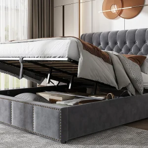 Fluweel gestoffeerd opbergbed – versierd met klinknagels – met lattenbodem – 160x200cm – Grijs Fluweel gestoffeerd opbergbed – versierd met klinknagels – met lattenbodem – 160x200cm – Grijs