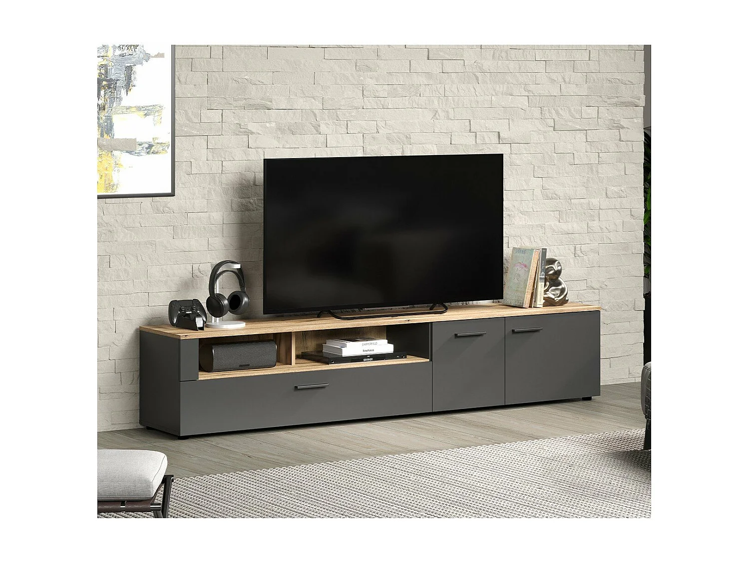 Esteban TV-meubel grijs, eik decor.