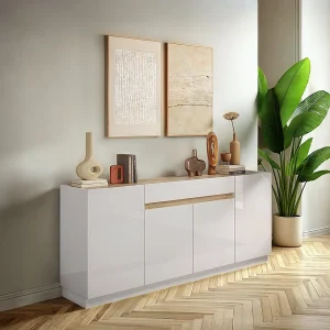 Buffetkast met 4 deurtjes en 1 lade – Wit en naturel – EMORA Buffetkast met 4 deurtjes en 1 lade – Wit en naturel – EMORA