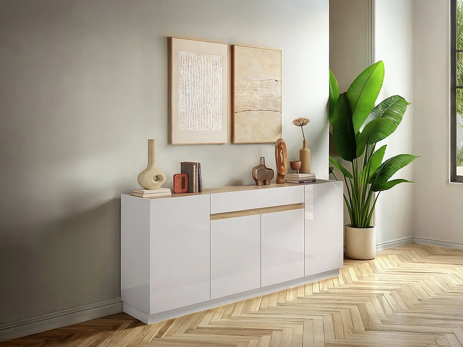 Buffetkast met 4 deurtjes en 1 lade - Wit en naturel - EMORA