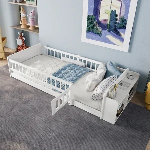 Eenpersoonsbed voor kinderen 90×200 van wit grenenhout met open opbergplanken, open structuur, zonder matras Eenpersoonsbed voor kinderen 90×200 van wit grenenhout met open opbergplanken, open structuur, zonder matras