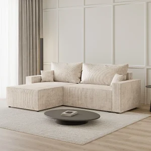 Emporius Lugo Hoekbank 250 cm – L-Vorm, sofa met slaapfunctie, links, ribfluweel Beige (LincolnD 4)