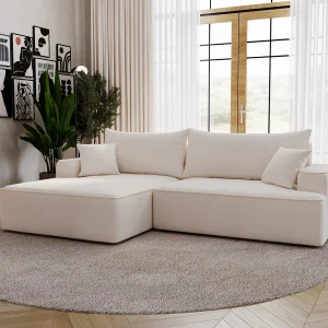 Emporius Dallas Hoekbank L-Vorm – slaapfunctie en bedlade, links – Sofa 250 cm, fluweel crème (Komodo 10)