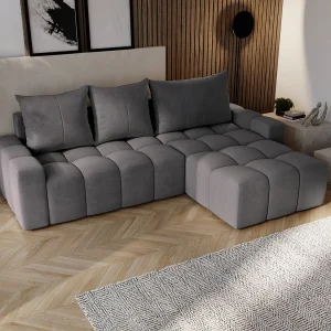 Emporius Wilson Hoekbank met slaapfunctie – slaapbank met bedlade, rechts, fluweel donkergrijs (Amor Velvet 4321)