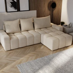Emporius Wilson Hoekbank met slaapfunctie – slaapbank met bedlade, rechts, fluweel beige (Amor Velvet 4304)