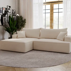 Emporius Dallas Hoekbank L-Vorm – slaapfunctie en bedlade, links – Sofa 250 cm, fluweel beige (Komodo 11)