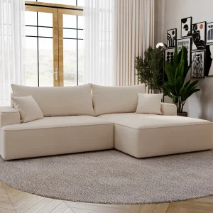Emporius Dallas Hoekbank L-Vorm – slaapfunctie en bedlade, rechts – Sofa 250 cm, fluweel beige (Komodo 11)