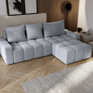 Emporius Wilson Hoekbank met slaapfunctie – slaapbank met bedlade, rechts, fluweel lichtgrijs (Amor Velvet 4318)