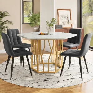 Eettafel en stoelenset – 115,5 x 100 x 75 cm – 1 zeshoekige tafel met gouden poten + 4 stoelen – MDF + staal – goud + grijs