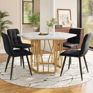 Eettafel en stoelenset – 115,5 x 100 x 75 cm – 1 zeshoekige tafel met gouden poten + 4 stoelen – MDF + staal – goud + zwart
