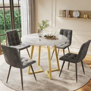 Eettafelset – 80 x 58,7 x 75 cm – 1 tafel met 4 stoelen – gouden metalen poten – fluweel + metaal + MDF – wit + grijs Eettafelset – 80 x 58,7 x 75 cm – 1 tafel met 4 stoelen – gouden metalen poten – fluweel + metaal + MDF – wit + grijs