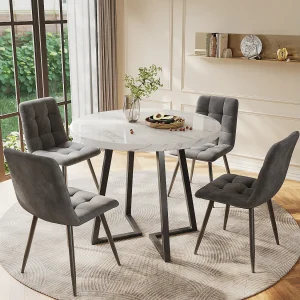 Eettafelset – 80 x 58,7 x 75 cm – 1 tafel met 4 stoelen – zwarte metalen poten – fluweel + metaal + MDF – wit + grijs Eettafelset – 80 x 58,7 x 75 cm – 1 tafel met 4 stoelen – zwarte metalen poten – fluweel + metaal + MDF – wit + grijs