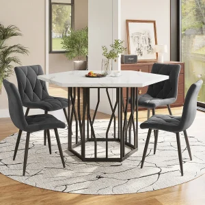 Eettafel en stoelenset – 115,5 x 100 x 75 cm – 1 zeshoekige tafel + 4 stoelen – MDF + staal – grijs