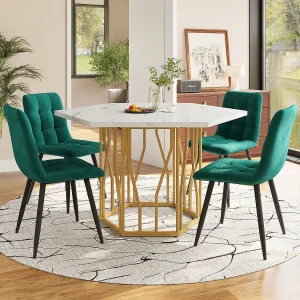 Eettafel en stoelenset – 115,5 x 100 x 75 cm – 1 zeshoekige tafel met gouden poten + 4 stoelen – MDF + staal – goud + groen