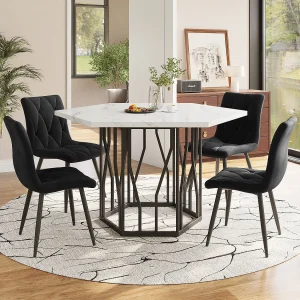 Eettafel en stoelenset – 115,5 x 100 x 75 cm – 1 zeshoekige tafel + 4 stoelen – MDF + staal – zwart