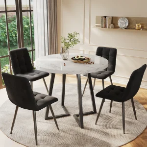 Eettafelset – 80 x 58,7 x 75 cm – 1 tafel met 4 stoelen – zwarte metalen poten – Fluweel + metaal + MDF – wit + zwart Eettafelset – 80 x 58,7 x 75 cm – 1 tafel met 4 stoelen – zwarte metalen poten – Fluweel + metaal + MDF – wit + zwart