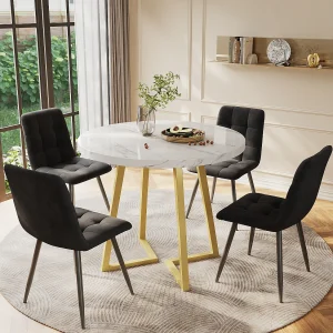 Eettafelset – 80 x 58,7 x 75 cm – 1 tafel met 4 stoelen – gouden metalen poten – fluweel + metaal + MDF – wit + zwart Eettafelset – 80 x 58,7 x 75 cm – 1 tafel met 4 stoelen – gouden metalen poten – fluweel + metaal + MDF – wit + zwart