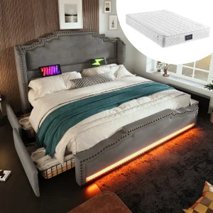 Dubbel gestoffeerd opbergbed – 160 x 200 cm – met 4 lades + LED's + USB – met matras – fluweel – grijs