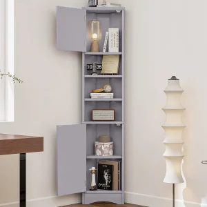 Driehoekige badkamerkast – 36,5 x 24,5 x 170 cm – 3 opbergvakken + 2 deuren – MDF – grijs