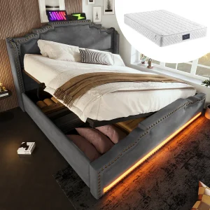 Dubbel gewatteerd opbergbed – 140 x 200 cm – met hydraulische opberg-LED's + USB – met matras – fluweel – grijs Dubbel gewatteerd opbergbed – 140 x 200 cm – met hydraulische opberg-LED's + USB – met matras – fluweel – grijs