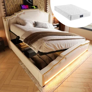 Dubbel gewatteerd opbergbed – 140 x 200 cm – met hydraulische opberg-LED's + USB – met matras – fluweel – beige