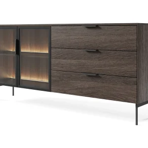 Dressoir met 2 glazen deuren en 3 lades met LED's – 181 cm – Dunin eiken – SELSEY LUMI Dressoir met 2 glazen deuren en 3 lades met LED's – 181 cm – Dunin eiken – SELSEY LUMI