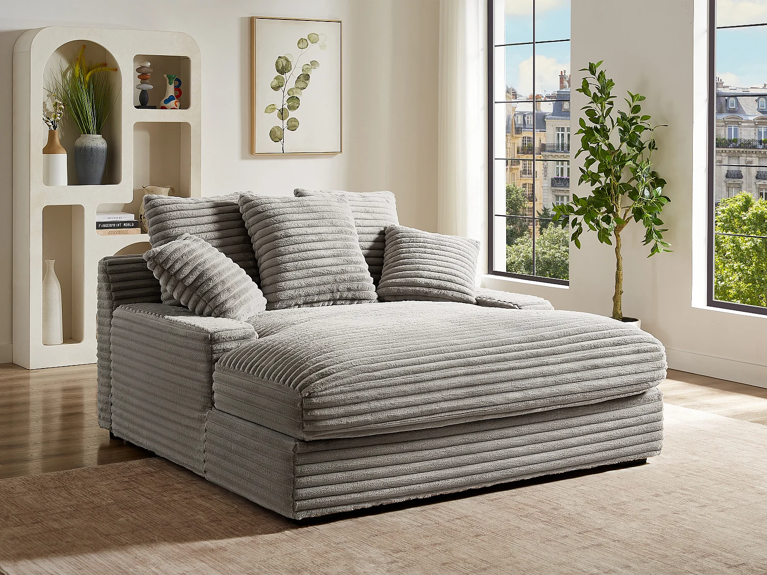 Tweezits chaise longue van fluweel met brede ribbels in grijs ESARTO van Pascal Morabito