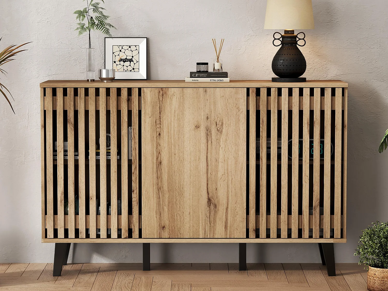 Dressoir 150x40x95 cm - 3 deuren en 6 opbergvakken - Scandinavische stijl - Natuur