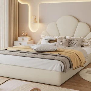 Eenpersoonsbed 140×200 cm met fluwelen bekleding – bloemvormige hoofdeinde – met lattenbodem – Beige