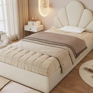 Eenpersoonsbed 90×200 cm met fluwelen bekleding – bloemvormige hoofdeinde – met lattenbodem – Beige