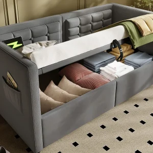 Gestoffeerde slaapbank 90×190 cm – met opbergruimte – met USB- en Type-C-poorten – fluweel – Grijs Gestoffeerde slaapbank 90×190 cm – met opbergruimte – met USB- en Type-C-poorten – fluweel – Grijs