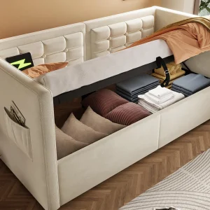 Gestoffeerde slaapbank 90×200 cm – met opbergruimte – met USB- en Type-C-poorten – fluweel – beige Gestoffeerde slaapbank 90×200 cm – met opbergruimte – met USB- en Type-C-poorten – fluweel – beige