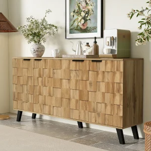 Dressoir 160,5×35,5x78cm met 4 deuren, structuurlichaam in licht hout met zwarte metalen handgrepen en poten
