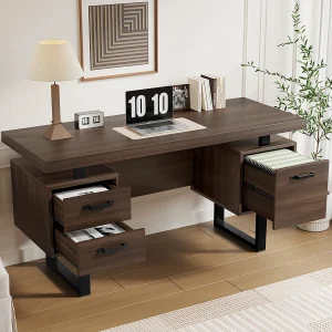 Enkel bureau – 135 x 54 x 76 cm – met 3 stille lades – spatwaterdicht – MDF + Metaal – bruin Enkel bureau – 135 x 54 x 76 cm – met 3 stille lades – spatwaterdicht – MDF + Metaal – bruin
