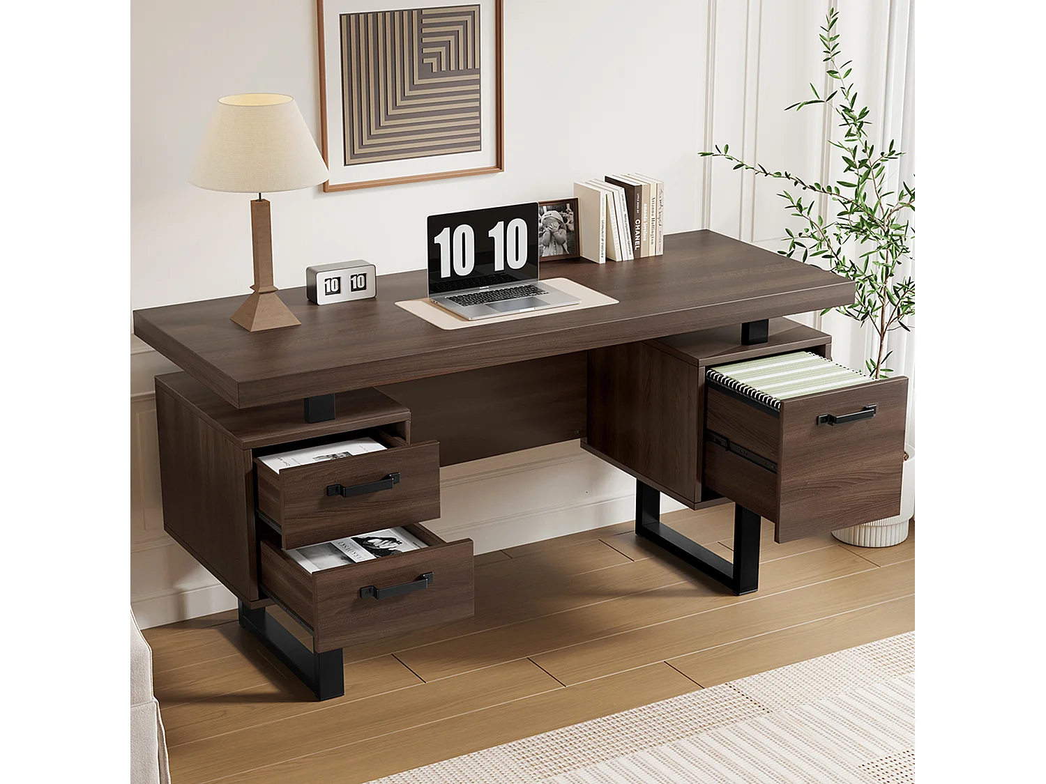 Enkel bureau - 135 x 54 x 76 cm - met 3 stille lades - spatwaterdicht - MDF + Metaal - bruin