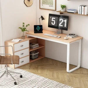 Enkel bureau – 147 x 100 x 75 cm – met 3 lades + 2 open opbergruimtes – MDF + Metaal – naturel Enkel bureau – 147 x 100 x 75 cm – met 3 lades + 2 open opbergruimtes – MDF + Metaal – naturel
