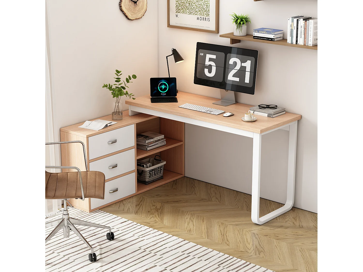 Enkel bureau - 147 x 100 x 75 cm - met 3 lades + 2 open opbergruimtes - MDF + Metaal - naturel