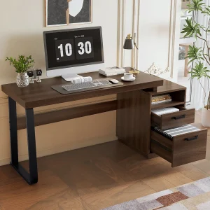 Enkel bureau – 161 x 54 x 76 cm – met 2 stille lades – spatwaterdicht – MDF + Metaal – bruin Enkel bureau – 161 x 54 x 76 cm – met 2 stille lades – spatwaterdicht – MDF + Metaal – bruin