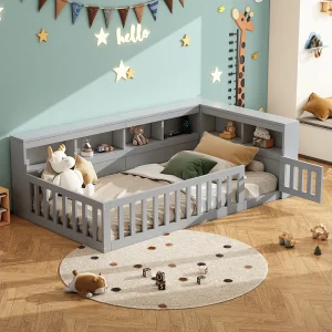 Eenpersoonsbed voor kinderen – 90 x 200 cm – nachtkastje met opbergruimte + stopcontact + USB – met lattenbodem – spaanplaat – grijs Eenpersoonsbed voor kinderen – 90 x 200 cm – nachtkastje met opbergruimte + stopcontact + USB – met lattenbodem – spaanplaat – grijs
