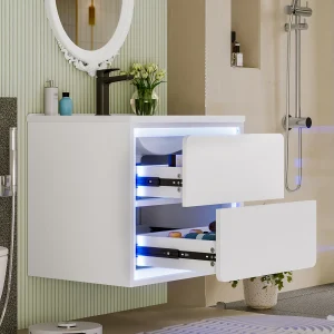 Enkelvoudige wandwastafel – 60 x 46 x 50 cm – met LED's + 2 laden – geïntegreerde wastafel – keramiek + MDF – wit (kraan niet inbegrepen) Enkelvoudige wandwastafel – 60 x 46 x 50 cm – met LED's + 2 laden – geïntegreerde wastafel – keramiek + MDF – wit (kraan niet inbegrepen)