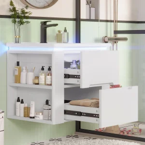 Enkelvoudige wandwastafel – 60 x 46 x 48,5 cm – met LED's + 2 laden – geïntegreerde wastafel – keramiek + MDF – wit (kraan niet inbegrepen) Enkelvoudige wandwastafel – 60 x 46 x 48,5 cm – met LED's + 2 laden – geïntegreerde wastafel – keramiek + MDF – wit (kraan niet inbegrepen)