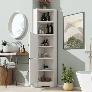 Driehoekige badkamerkast – 51,7 x 32 x 155,4 cm – met 2 open opbergruimtes + 2 kastdeuren – MDF – wit