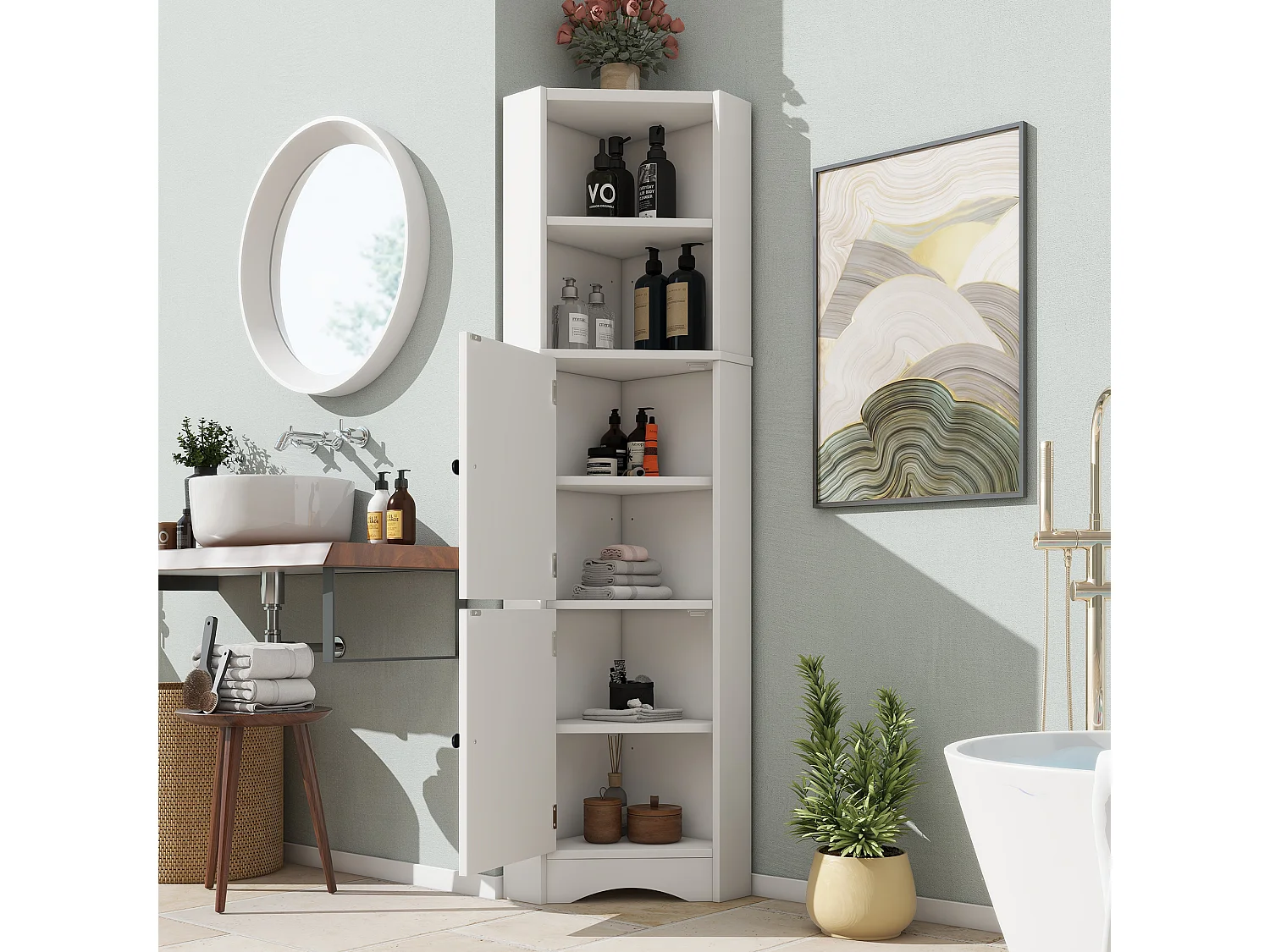 Driehoekige badkamerkast - 51,7 x 32 x 155,4 cm - met 2 open opbergruimtes + 2 kastdeuren - MDF - wit