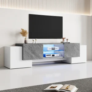 Enkelvoudige tv-kast – 180 x 40 x 46,5 cm – met 4 deuren – geschikt voor 60/65/70 inch tv's – MDF – grijs + wit Enkelvoudige tv-kast – 180 x 40 x 46,5 cm – met 4 deuren – geschikt voor 60/65/70 inch tv's – MDF – grijs + wit
